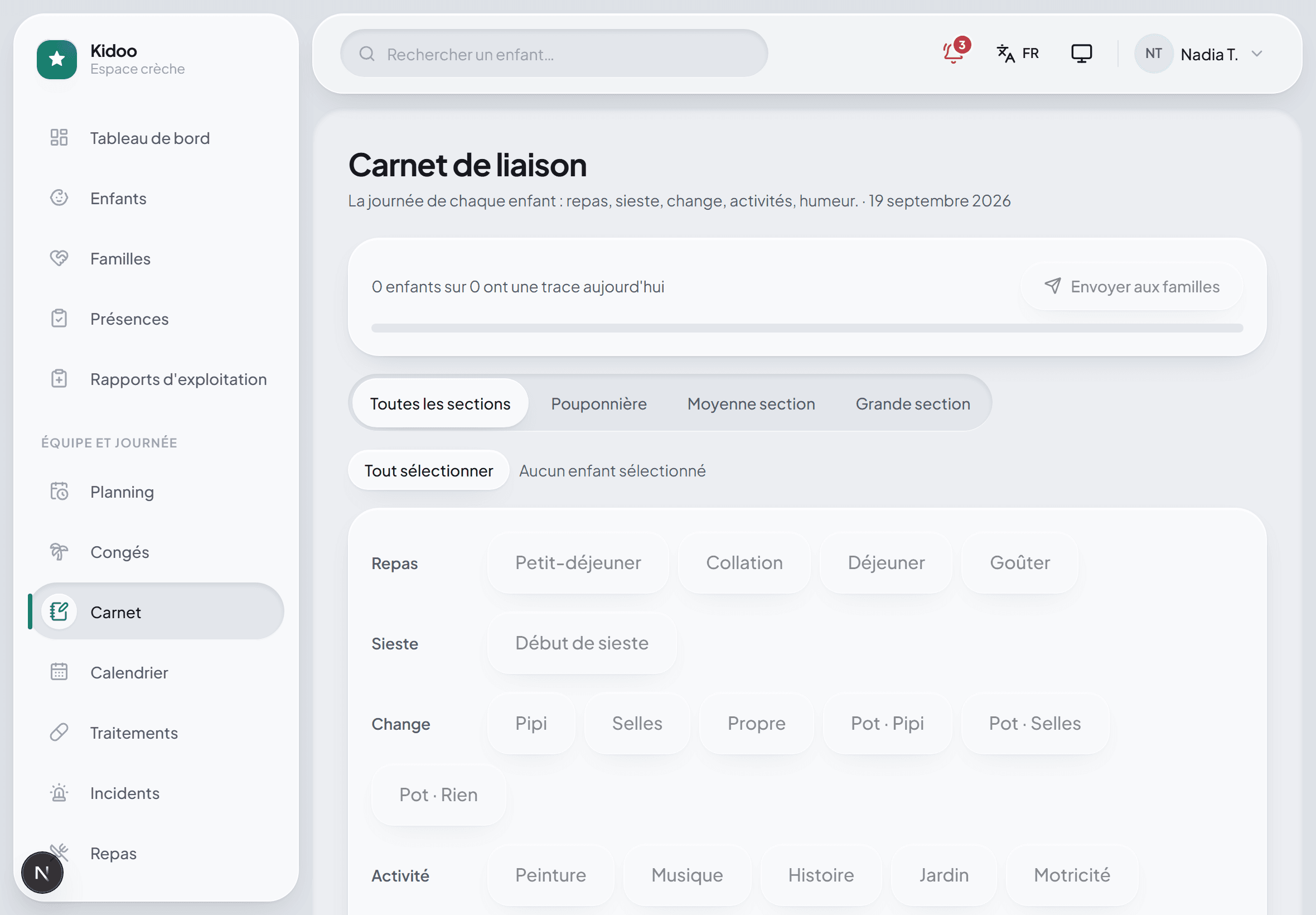 Le carnet de liaison : repas, sieste, change, humeur, saisis par groupe